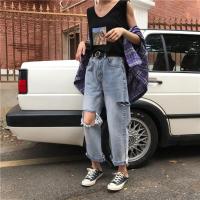 枫述大码破洞裤女ins潮宽松显瘦直筒裤2021新款女装胖mm九分牛仔裤子
