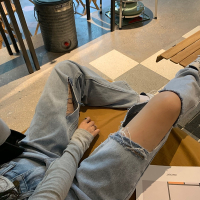 枫述胖妹妹裤子破洞牛仔裤2021年夏季新款大码女装胯大腿粗直筒拖地裤