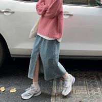 枫述春夏季新款复古大码胖mm高腰显瘦开叉中长款遮胯a字牛仔半身裙女