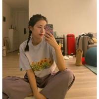 枫述明星周雨彤同款可爱浅紫色向日葵印花短袖T恤上衣女2021夏季新款