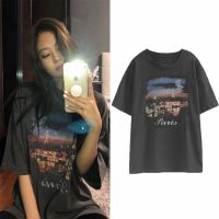 枫述blackpink金智妮Jennie同款巴黎夜星空印花短袖T恤女宽松lisa上衣