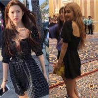 枫述blackpink 朴彩英高允真同款法式大方领性感露锁骨波点修身连衣裙