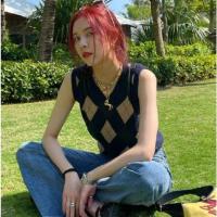 枫述CC宋妍霏同款上衣韩版菱形格拼色V领显瘦针织衫背心马甲外穿女