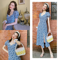 枫述钟楚曦金智秀同款连衣裙女法式复古V领泡泡袖长款侧开叉碎花裙子