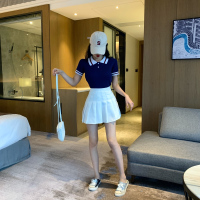 枫述夏秋季学院风软妹高腰百褶裙短裙女 学生翻领短袖+半身裙两件套装