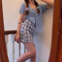 枫述bm风蓝色格子裙女 夏季超火的高腰a字一步包臀裙开叉半身裙超短裙