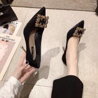 枫述高跟鞋女2021年春季新款女鞋水钻方扣细跟尖头浅口单鞋工作鞋婚鞋