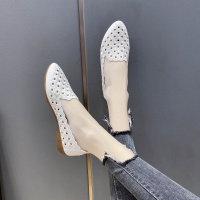 枫述牛筋软底豆豆鞋红色绣花镂空小单鞋坡跟鞋女新款妈妈鞋一脚蹬夏季