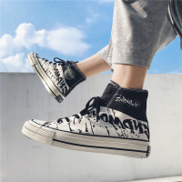 述雅春季涂鸦高帮帆布鞋男士韩版潮流百搭布鞋学生板鞋网红鞋子男潮鞋