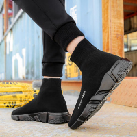 述雅黑色鞋子男百搭弹力袜子布鞋春季透气运动潮鞋一脚蹬懒人高帮板鞋