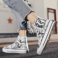 述雅夏季透气高帮帆布男鞋青少年海贼王涂鸦白板鞋男学生潮流布鞋潮鞋