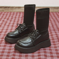 述雅厚底马丁靴女薄款2021新款英伦风中筒袜靴秋ins潮瘦瘦短靴子