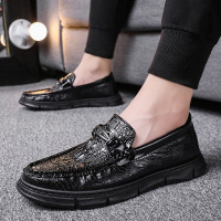 述雅2021春季新款豆豆鞋男休闲皮鞋一脚蹬懒人鞋亮面鳄鱼纹男鞋子百搭