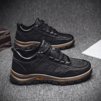 述雅手工皮鞋男送爸爸商务圆头软皮休闲鞋中老年人防臭厚底中帮登山鞋