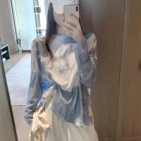 述雅扎染印花t恤女2021春装新款百搭圆领宽松长袖上衣中长款打底衫潮