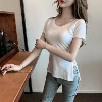 述雅2021春夏季新款韩版白色上衣女侧开叉露腰T恤短袖修身打底衫小衫