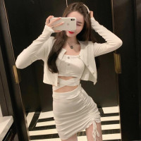 述雅时尚减龄三件套女早秋水钻交叉绑带背心+修身小开衫+抽绳半身裙