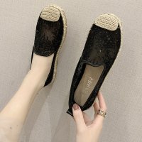 述雅鞋子女春夏2021新款百搭韩版平底草编网面透气蕾丝珍珠渔夫鞋潮女