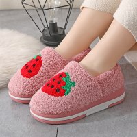 述雅槿岸高跟棉拖鞋女包跟厚底可爱草莓家用毛绒拖鞋冬季保暖棉鞋月子外穿