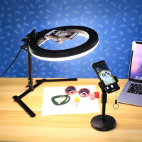 教上网课老师装备手机360度旋转设备支架桌面补光灯俯拍 黑色高亮遥控环形灯+手机夹+圆手机座