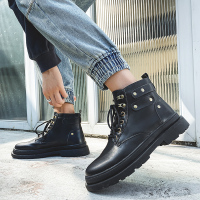 春季马丁靴男高帮ins超火的机车皮靴子男学生英伦风百搭黑色短靴