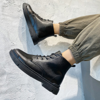 中帮马丁靴男加绒保暖冬季皮靴子男韩版潮流黑色工装靴男英伦皮鞋