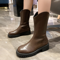 中腰马丁靴女2021新款春秋单靴英伦风中长款时尚软皮显瘦机车短靴