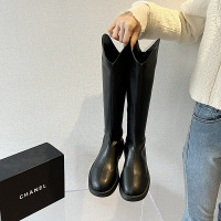 不过膝长筒靴女粗腿2021新款秋冬加绒奶茶色V口长靴子高筒骑士靴