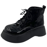 大头女靴2021秋冬新款漆皮松糕短靴系带百搭娃娃头黑色加绒马丁靴