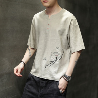T恤男夏季亚麻短袖体恤宽松大码中国风男装刺绣复古冰丝棉麻上衣夏天穿的