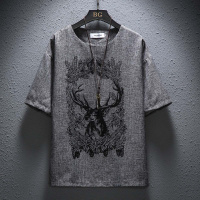 夏季2021新款印花亚麻短袖T恤男士冰感大码宽松棉麻半袖冰丝上衣夏天穿的