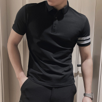 男士高端短袖T恤夏季修身体恤上衣服潮流条纹冰丝肌肉POLO衫潮牌夏天穿的