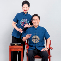 中老年人夏季唐装男女短袖情侣装爷爷奶奶生日过寿婚礼中国风套装夏天穿的