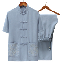 中国风唐装男夏季短袖亚麻中老年爸爸夏装棉麻套装爷爷装夏天衣服夏天穿的