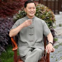 中老年唐装男士夏季棉麻中国风爸爸夏装套装中老年人短袖爷爷衣服夏天穿的