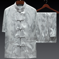 冰丝唐装男中老年人短袖套装桑蚕丝爷爷夏装中国风真丝绸爸爸衣服夏天穿的