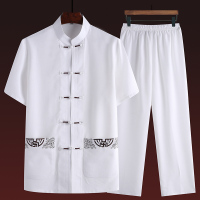 新款唐装男中老年中国风汉服棉麻短袖夏季爸爸装宽松款太极服套装夏天穿的