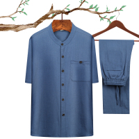 中老年唐装男夏季衣服爷爷装薄款短袖棉麻老年人男装爸爸夏装套装夏天穿的