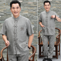 唐装男中老年人爸爸夏装棉麻爷爷短袖老人宽松衣服亚麻套装中国风夏天穿的