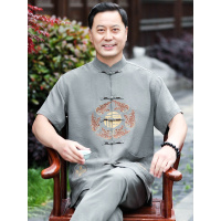 唐装男中老年爸爸夏季棉麻套装老年人爷爷夏装中国风短袖大码男装夏天穿的