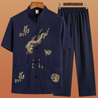 唐装男中老年短袖套装爸爸装夏季亚麻中年薄款中国风老人夏天爷爷夏天穿的