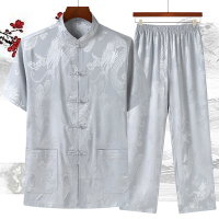 中老年唐装男桑蚕丝薄款夏季爸爸装宽松冰丝爷爷上衣短袖套装汉服夏天穿的