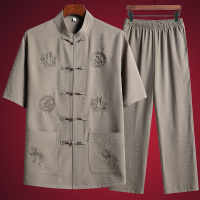 中国风唐装男中老年中式套装爸爸装夏季薄款短袖亚麻冰丝棉汉服潮夏天穿的