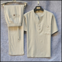 加大码中国风棉麻套装短袖T恤男式唐装宽松中老年亚麻爸爸装夏薄T夏天穿的