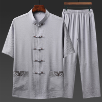 唐装男棉麻短袖套装夏装中老年爷爷汉服爸爸中国风休闲老年人衣服夏天穿的