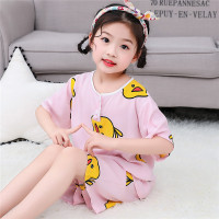 宝宝绵绸套装男女儿童纯棉绸睡衣短袖套装婴儿夏装中小童睡衣 短裤短袖粉底黄鸭 65码数建议穿90cm