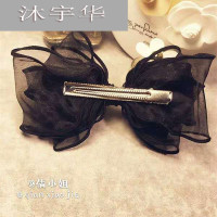 黑色盘发纯色大蝴蝶结蕾丝飘带发夹发饰头饰时尚复古淑女气 黑色 鸭嘴夹