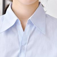 浅蓝衬衫女修身收腰V领隐条纹白衬衣短袖职业装OL长袖工作服 浅蓝竖纹短袖 S
