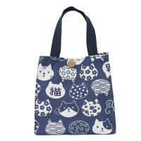 和风日式可爱便当袋手提帆布包饭盒袋子午餐带饭包系扣袋收纳 系扣藏青大脸猫 帆布材质