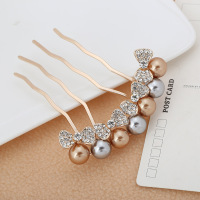 韩国发饰水钻珍珠蝴蝶结发梳头饰品流行女四齿盘发插梳 银灰+金色珍珠